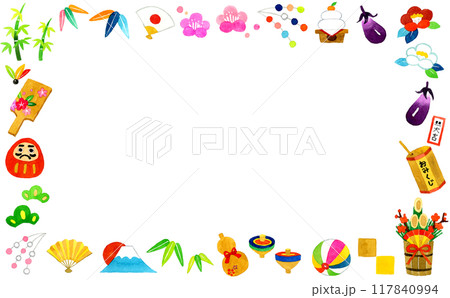 かわいい正月モチーフの背景　年賀状・新年の手描き水彩イラスト素材 117840994