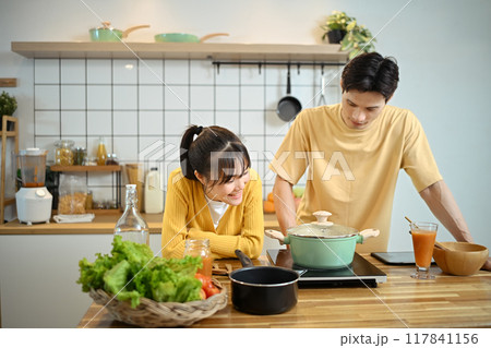 Cheerful young couple enjoying a cooking session together in a modern kitchen 117841156