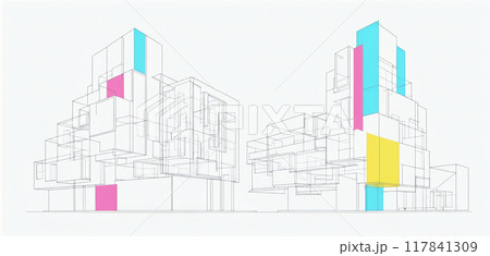 Clear and graphic depiction of a skyline consisting of dark lines and colored areas in an artistic architectural style 117841309