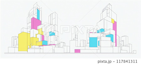 Clear and graphic depiction of a skyline consisting of dark lines and colored areas in an artistic architectural style 117841311