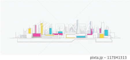 Clear and graphic depiction of a skyline consisting of dark lines and colored areas in an artistic architectural style 117841313