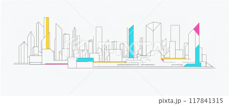 Clear and graphic depiction of a skyline consisting of dark lines and colored areas in an artistic architectural style 117841315