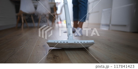 A steam mop washes the parquet on the floor of the house A steam mop washes the parquet on the floor of the house 117841423