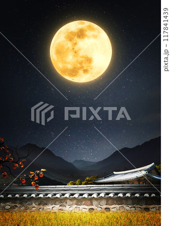 Korean traditional holiday Chuseok thank you banner and Chuseok greeting card background with abundant autumn full moon, tiled house and rice ears Korean traditional holiday Chuseok thank you banner and Chuseok greeting card background with abundant autumn full moon, tiled house and rice ears 117841439