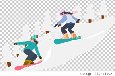 Illustration of a woman snowboarding on a snowy mountain in winter Illustration of a woman snowboarding on a snowy mountain in winter 117841492