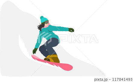 冬の雪山でスノボーする女性のイラスト	 冬の雪山でスノボーする女性のイラスト	 117841493