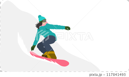 冬の雪山でスノボーする女性のイラスト	 冬の雪山でスノボーする女性のイラスト	 117841493
