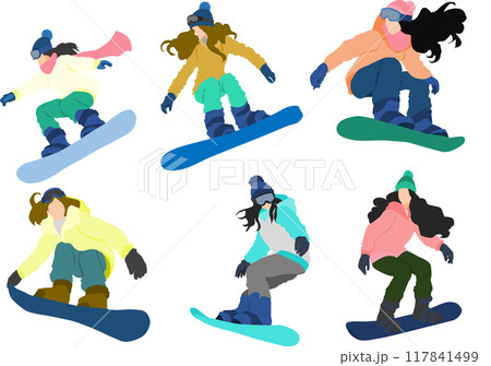 冬の雪山でスノボーする女性のイラスト	 117841499