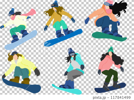 冬の雪山でスノボーする女性のイラスト	 117841499