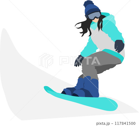 冬の雪山でスノボーする女性のイラスト	 117841500