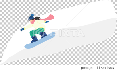 Illustration of a woman snowboarding on a snowy mountain in winter Illustration of a woman snowboarding on a snowy mountain in winter 117841503