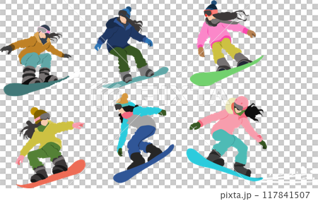 冬の雪山でスノボーする女性のイラスト	 117841507