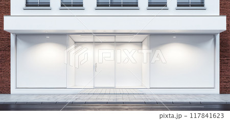 Frontal top view of the front of a modern and bright store in a shopping street of a city Frontal top view of the front of a modern and bright store in a shopping street of a city 117841623