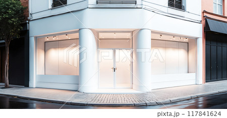 Frontal top view of the front of a modern and bright store in a shopping street of a city Frontal top view of the front of a modern and bright store in a shopping street of a city 117841624