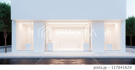 Frontal top view of the front of a modern and bright store in a shopping street of a city 117841629