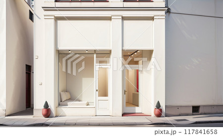 Frontal top view of the front of a modern and bright store in a shopping street of a city 117841658