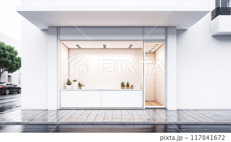 Frontal top view of the front of a modern and bright store in a shopping street of a city 117841672