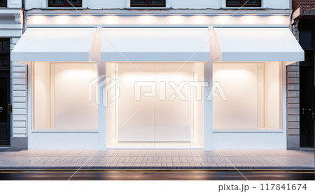 Frontal top view of the front of a modern and bright store in a shopping street of a city 117841674