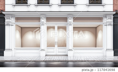 Frontal top view of the front of a modern and bright store in a shopping street of a city 117841698