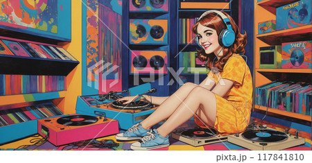 Illustrative image of a child sitting in a music room, enjoying and listening to music from a record player through headphones Illustrative image of a child sitting in a music room, enjoying and listening to music from a record player through headphones 117841810
