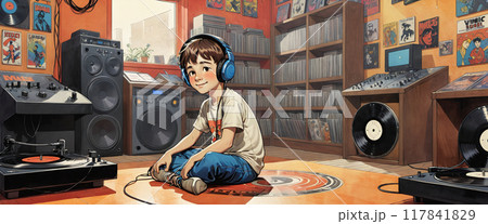 Illustrative image of a child sitting in a music room, enjoying and listening to music from a record player through headphones 117841829