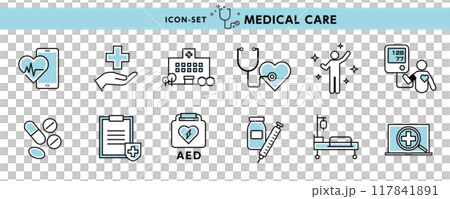 Design materials for medical icons and illustrations such as blood pressure, AED, hearing aids, syringes, and medicines 117841891