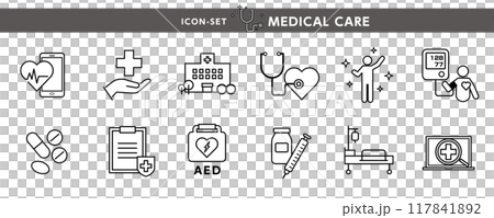 血圧、AED、補聴器、注射器、薬など医療関係のアイコン・イラストのデザイン素材 血圧、AED、補聴器、注射器、薬など医療関係のアイコン・イラストのデザイン素材 117841892