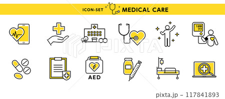 血圧、AED、補聴器、注射器、薬など医療関係のアイコン・イラストのデザイン素材 血圧、AED、補聴器、注射器、薬など医療関係のアイコン・イラストのデザイン素材 117841893