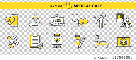 Design materials for medical icons and illustrations such as blood pressure, AED, hearing aids, syringes, and medicines Design materials for medical icons and illustrations such as blood pressure, AED, hearing aids, syringes, and medicines 117841893