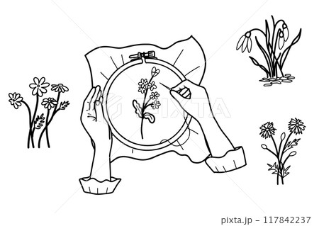 Needlework, embroidery set. Female Hands embroidering on a hoop Flowers, spring and summer Floral Elements isolated on a white background. Vector illustration in doodle style. Hand drawn Vintage Needlework, embroidery set. Female Hands embroidering on a hoop Flowers, spring and summer Floral Elements isolated on a white background. Vector illustration in doodle style. Hand drawn Vintage 117842237