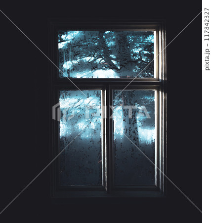 Old window with mystical light	 117842327