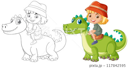 Kid Riding a Friendly Dinosaur Kid Riding a Friendly Dinosaur 117842595