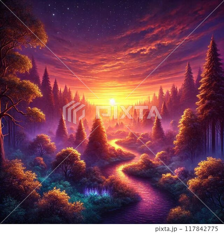 紫の空に広がる夕暮れと幻想的な川の風景 117842775