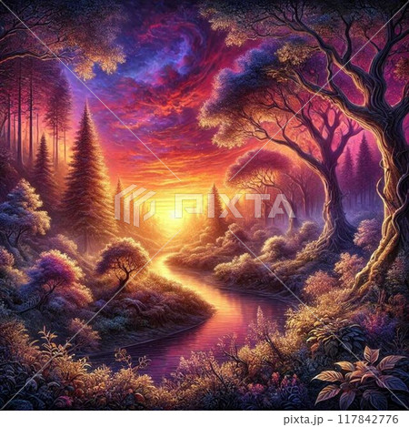 赤紫色の夕焼けに包まれた幻想的な森と川 117842776