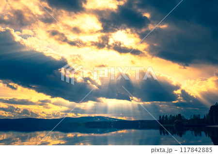 Summer night sunset from Sotkamo, Finland. 117842885