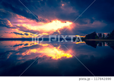 Summer night sunset from Sotkamo, Finland.	 117842890