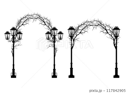 street lights and bare tree branches arch halloween vector design set 117842905