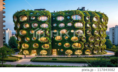 conceptual representation of a futuristic apartment building with a planted facade to regulate the temperature and create green spaces for natural diversity 117843082