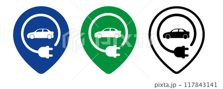 Car charging station location map pin symbol icon cable cord plug Car charging station location map pin symbol icon cable cord plug 117843141