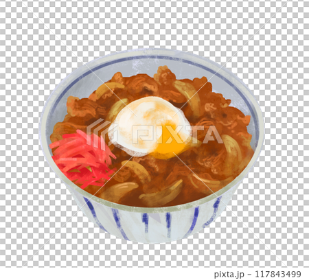 Illustration of beef bowl topped with a soft-boiled egg 117843499