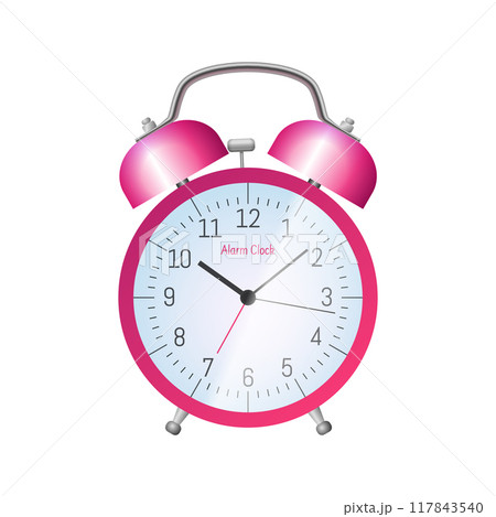 Pink classic alarm clock. Morning wake up symbol. Conception of punctuality, accuracy and time measurement flat vector illustration isolated on white background. Pink classic alarm clock. Morning wake up symbol. Conception of punctuality, accuracy and time measurement flat vector illustration isolated on white background. 117843540