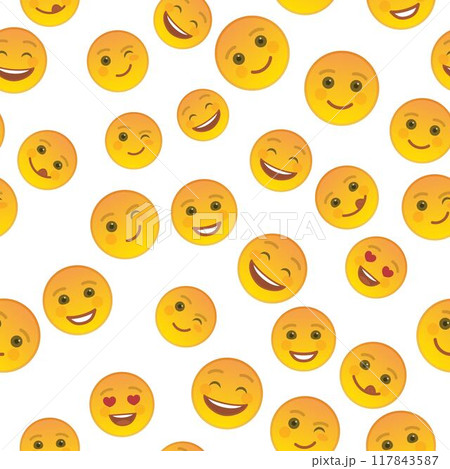 Funny emoticons seamless pattern. Smile faces with facial expressions on white background. Festive background with cute and cheerful yellow emoticons. Positive smile emoji vector illustration 117843587