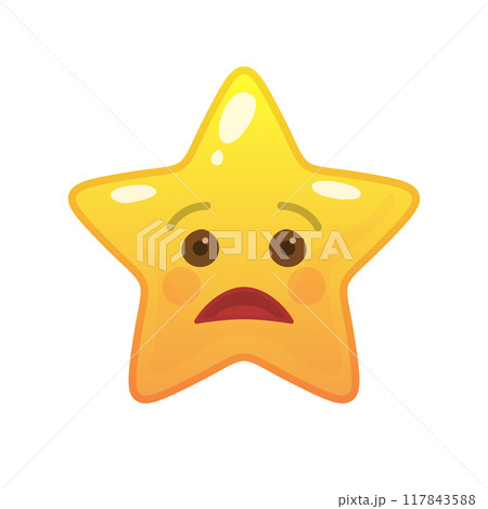 Sad star shaped comic emoticon. Tragic face with facial expression. Sorrowful emoji symbol for internet chatting. Funny social communication animated character. Mood message isolated vector element 117843588