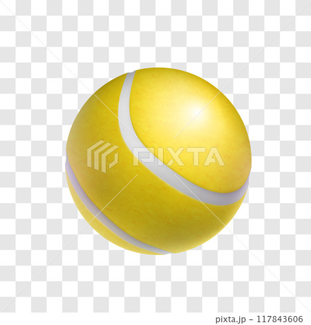 Realistic yellow tennis ball isolated on transparent background. Sports equipment for game on court vector illustration. Sport competition and outdoors activity 3d object. 117843606