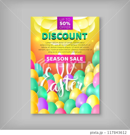 Big discount banner sale easter. Pink voucher discount for spring fair. Easter eggs background. Vector illustration 117843612