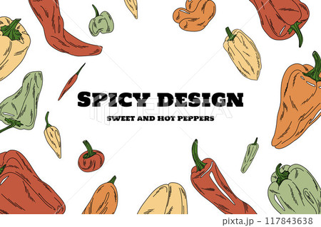 designer template frame with colorful hand drawn peppers, flat style, for menu, invitations 117843638