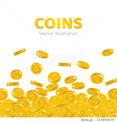 Raingold dollars cartoon frame. A rain of the flying gold of dollars in the form of a frame in a cartoon style. Falling gold pieces in the form of vector illustrations 117843674