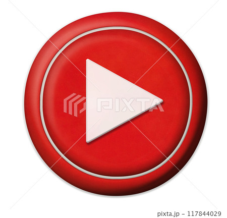 赤くて丸い立体的な丸い再生マークの押しボタン 117844029