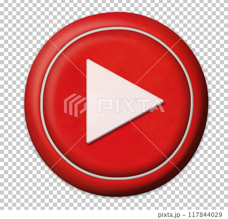 赤くて丸い立体的な丸い再生マークの押しボタン 117844029