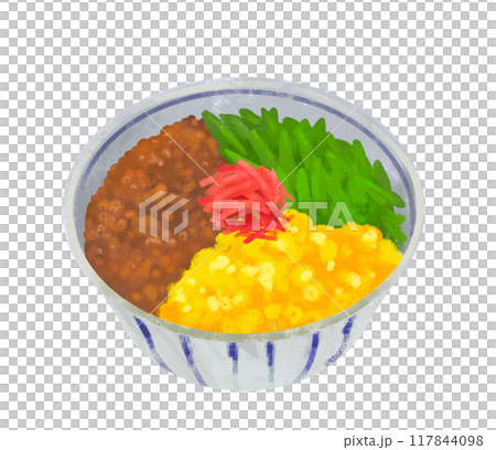 Illustration of three-color minced meat rice bowl, rice bowl, rice bowl 117844098